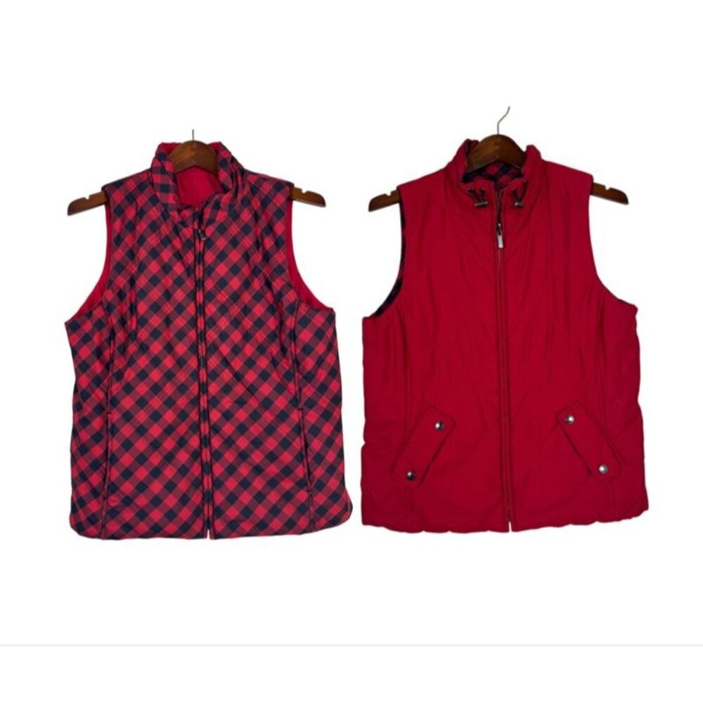 Jones New York Sport Red Plaid Reversible Puffer Vest Women's Med Preppy Outdoor